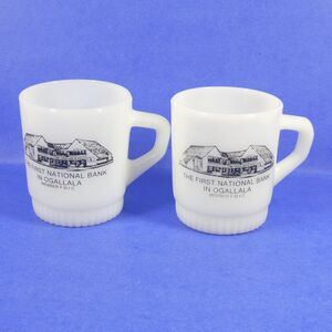 First National Bank in Ogallala NE 2 Milk Glass Mugs Vintage Fire King MCM